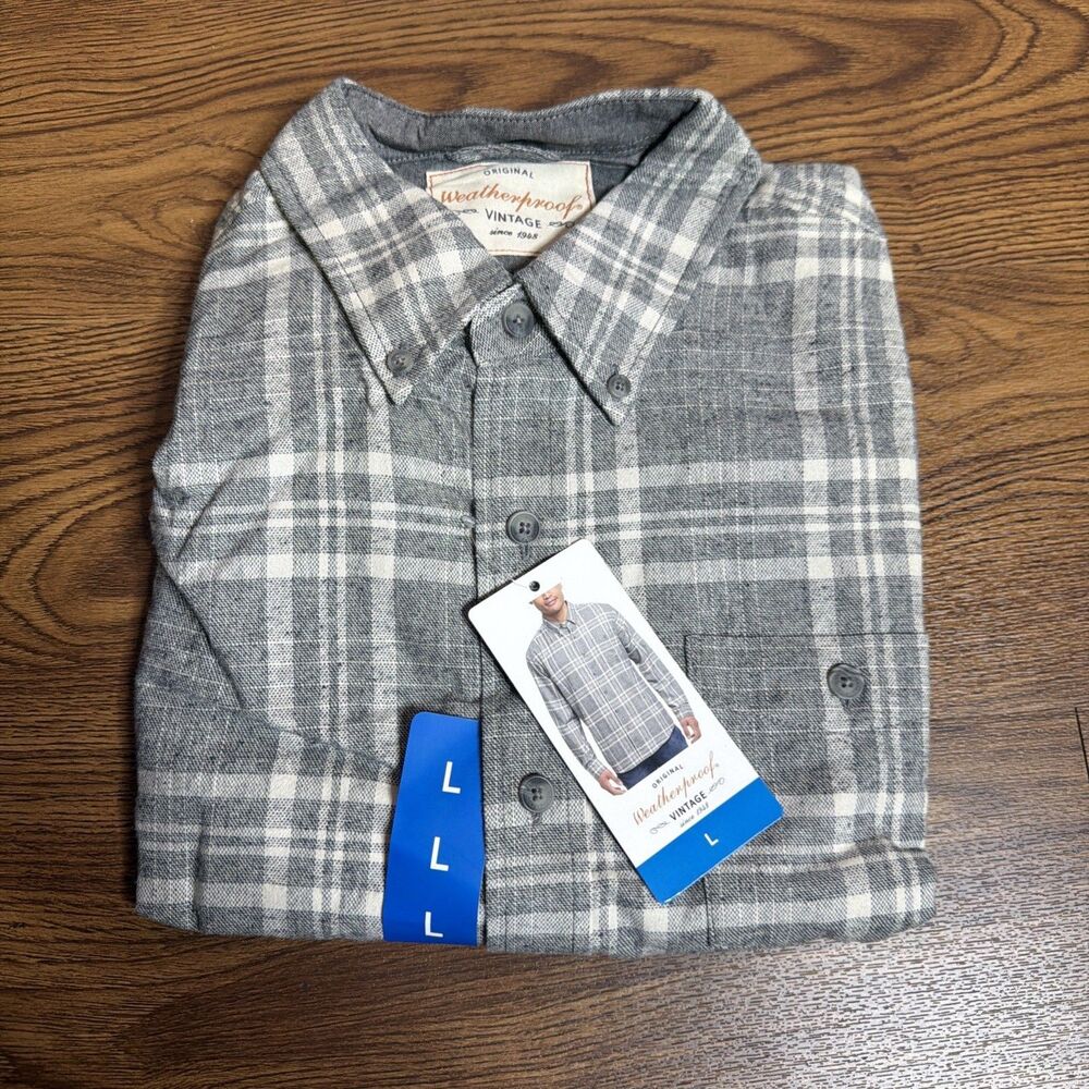 Weatherproof Vintage Flannel Button Up, Charcoal Plaid, Men's Large NEW NWT